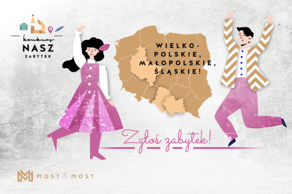 ilustracja z konturem Polski, po bokach para w podskokach